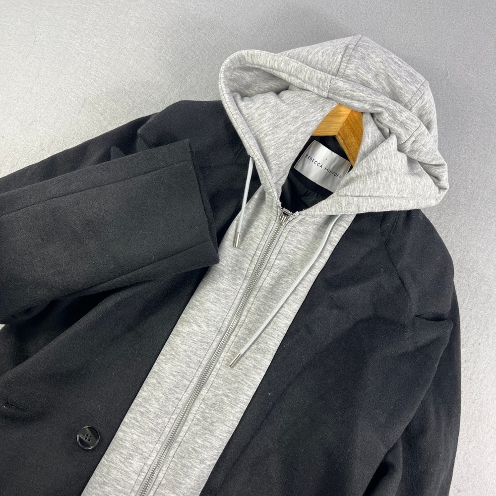 Rebecca Minkoff Womens Double Breasted Coat Contrast Hooded Black‎ Grey RM-910